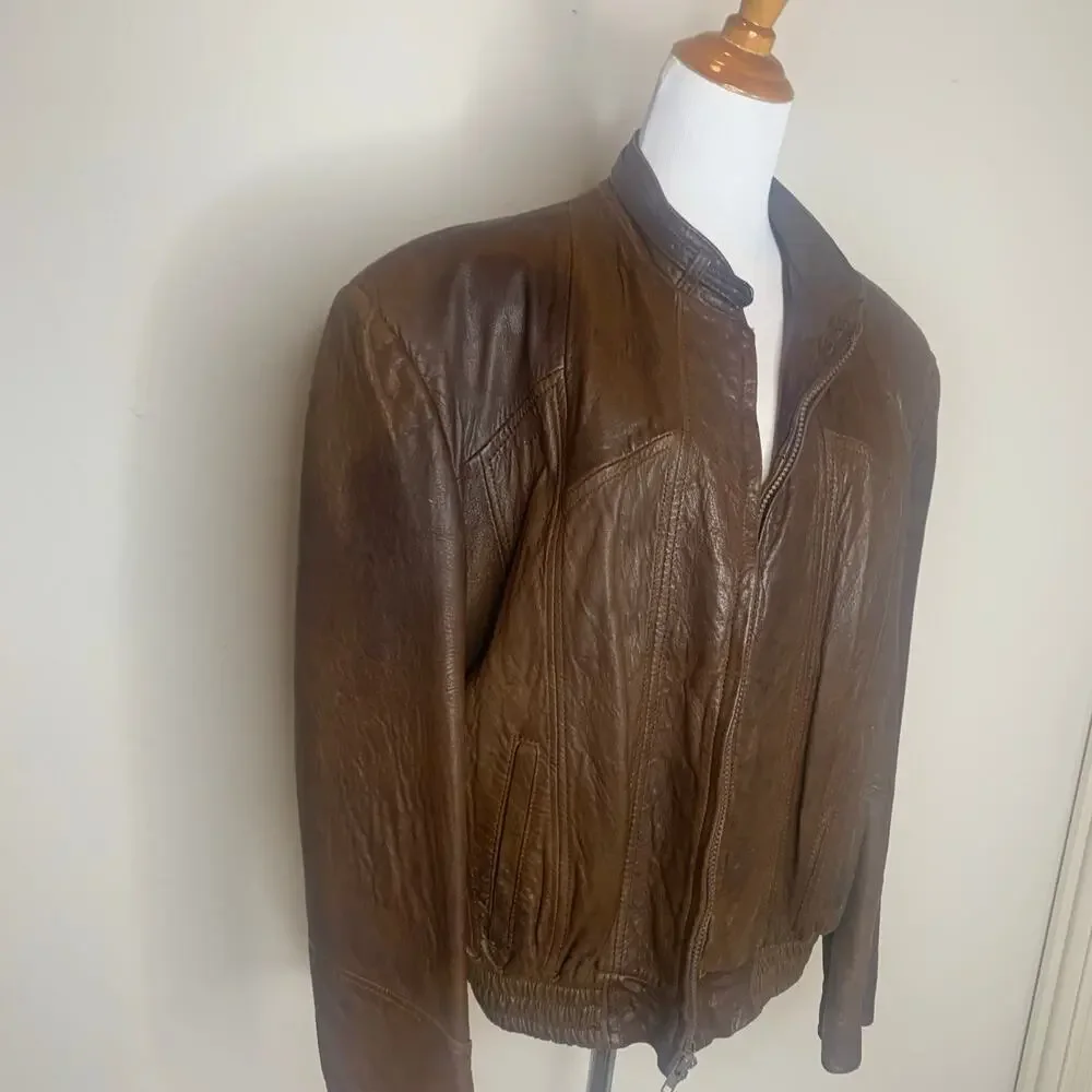 Vintage Grunge Brown Leather Bomber Jacket Sz 46 XL